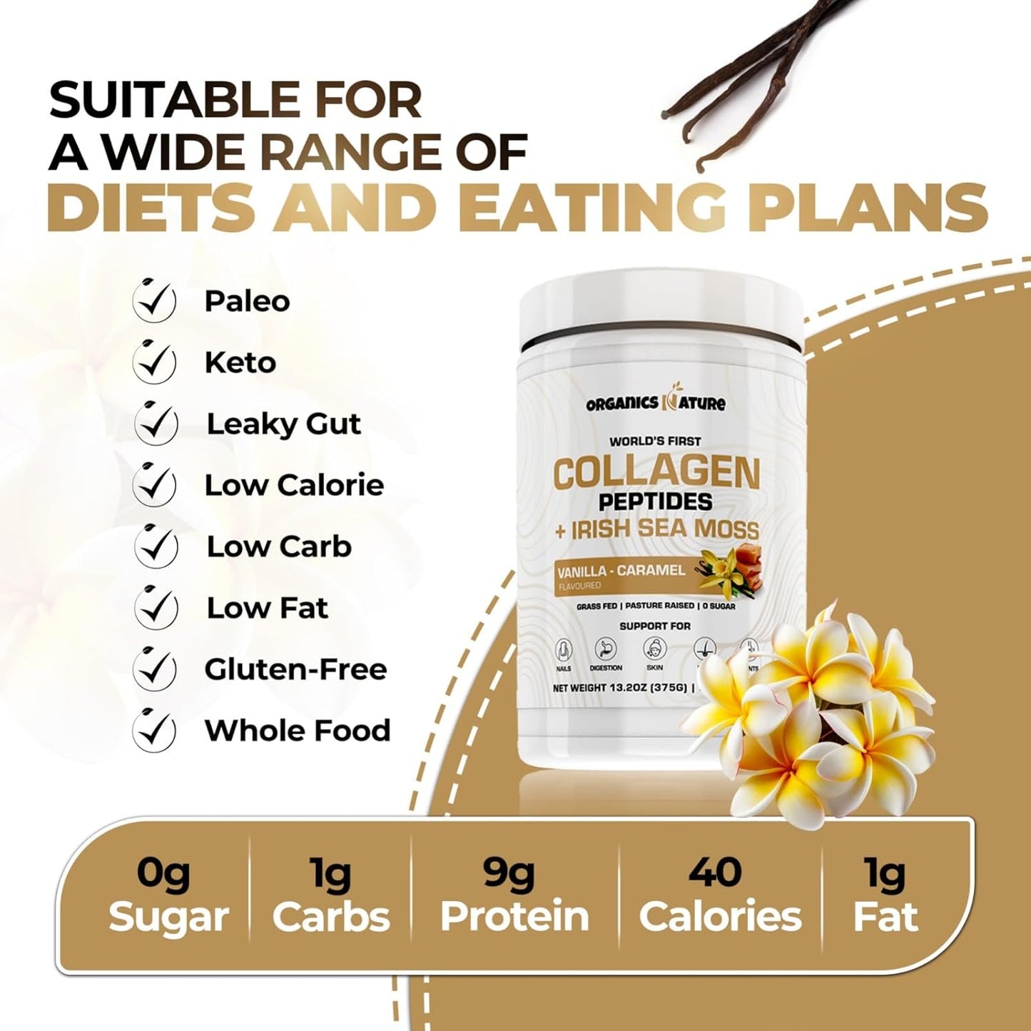 Naturally Sourced Collagen Peptides Powder with Irish Sea Moss Vanilla Caramel Flavor - Hydrolyzed Collagen with Biotin for Hair, Skin, Nails, Joints - 30 Servings, 380g