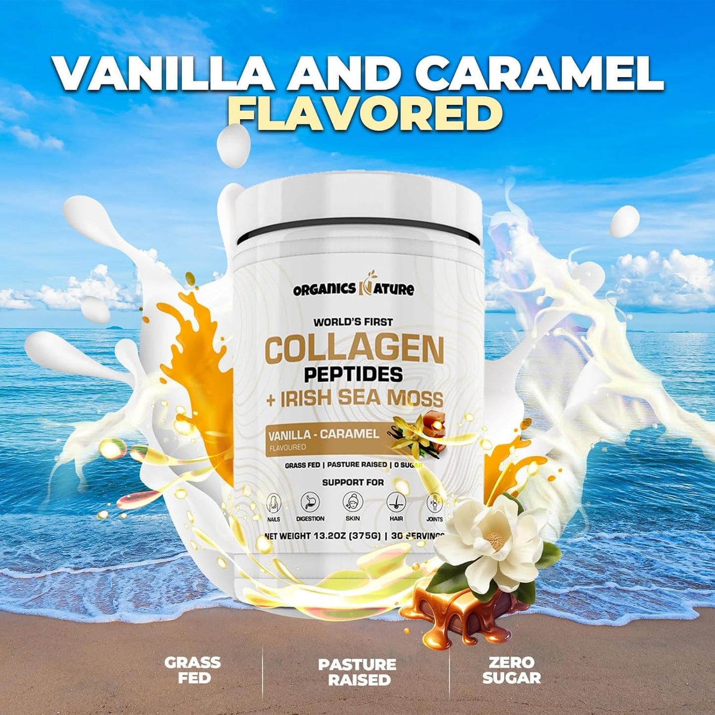 Naturally Sourced Collagen Peptides Powder with Irish Sea Moss Vanilla Caramel Flavor - Hydrolyzed Collagen with Biotin for Hair, Skin, Nails, Joints - 30 Servings, 380g