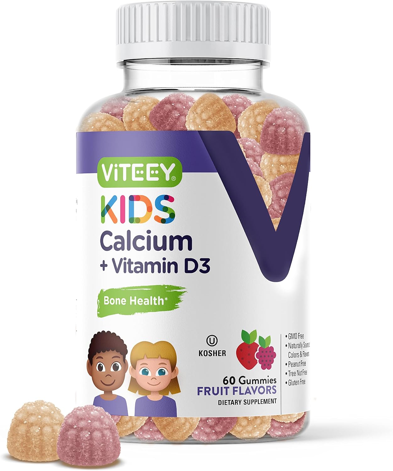 Naturally Sourced Kids Calcium Gummies with Vitamin D3 - Bone & Tooth Health Support - 500mg Calcium + 1000iu Vitamin D3 - Gluten & GMO Free - Fruit Flavored Chewables