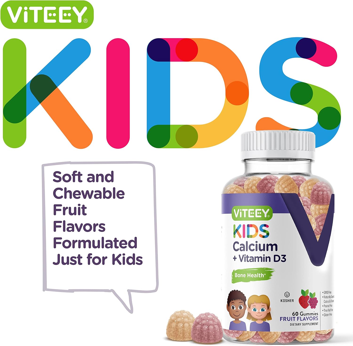 Naturally Sourced Kids Calcium Gummies with Vitamin D3 - Bone & Tooth Health Support - 500mg Calcium + 1000iu Vitamin D3 - Gluten & GMO Free - Fruit Flavored Chewables