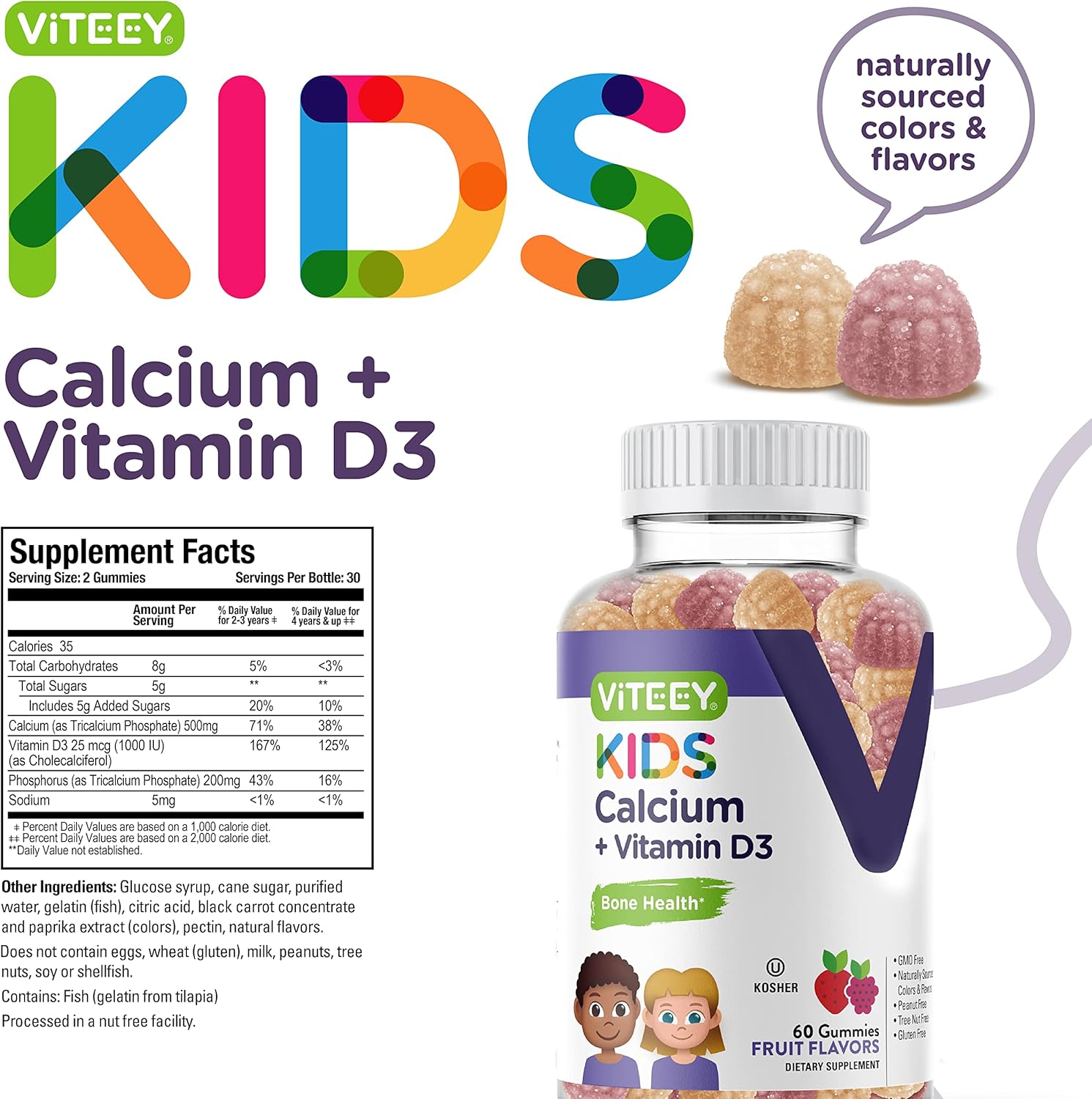 Naturally Sourced Kids Calcium Gummies with Vitamin D3 - Bone & Tooth Health Support - 500mg Calcium + 1000iu Vitamin D3 - Gluten & GMO Free - Fruit Flavored Chewables