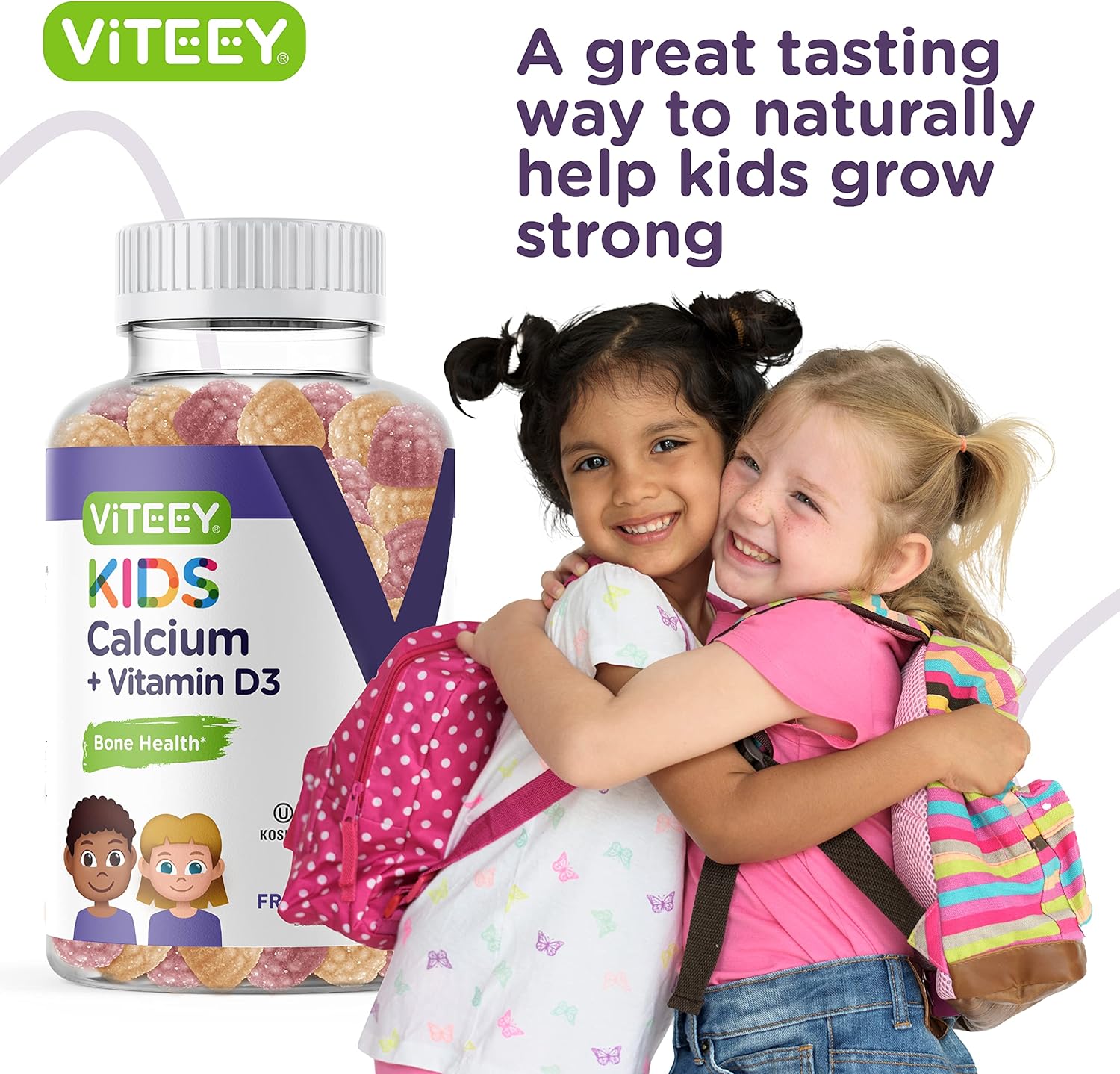 Naturally Sourced Kids Calcium Gummies with Vitamin D3 - Bone & Tooth Health Support - 500mg Calcium + 1000iu Vitamin D3 - Gluten & GMO Free - Fruit Flavored Chewables