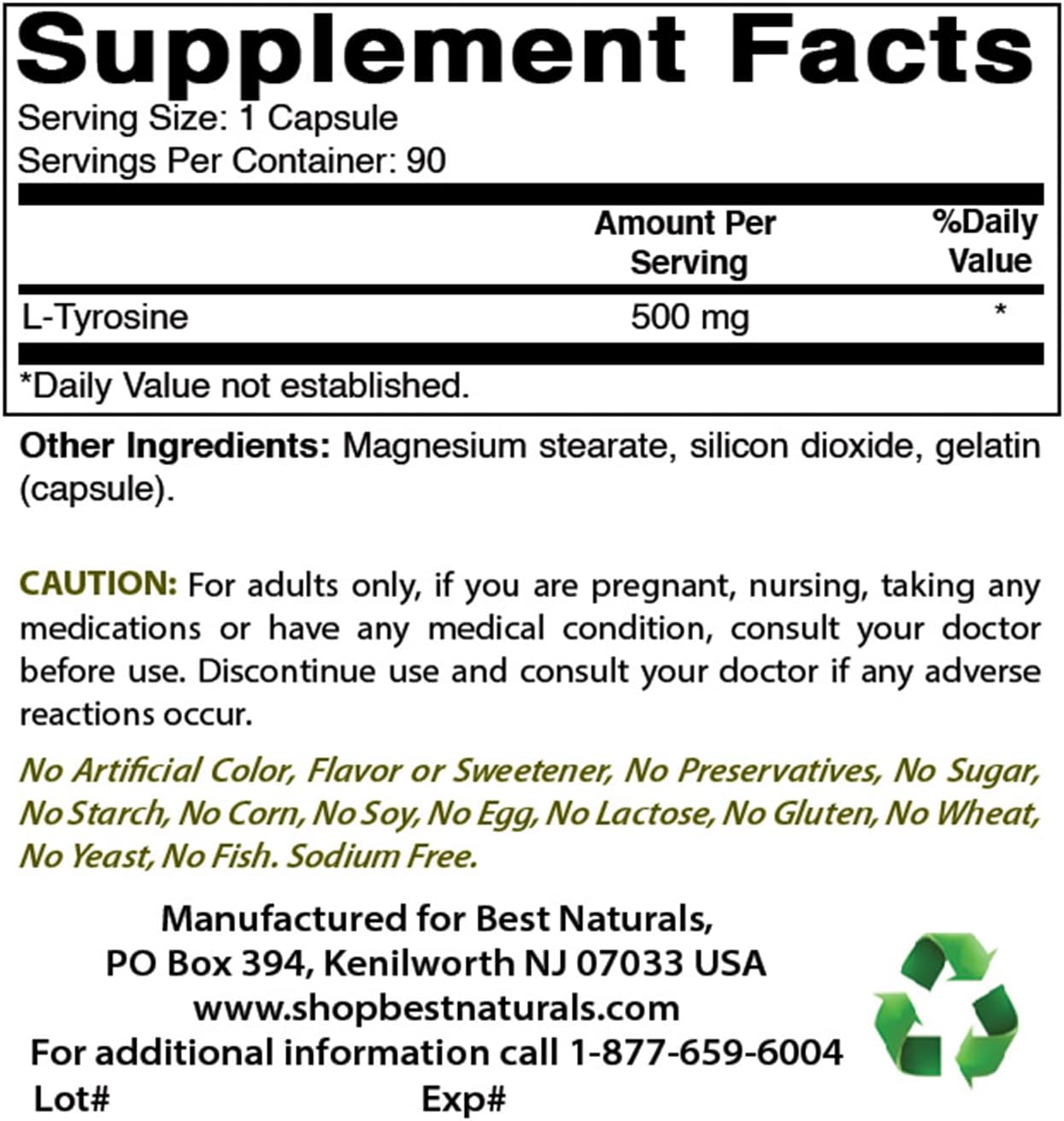Naturally Sourced L-Tyrosine 500mg Supplement - 180 Capsules (90 Capsules per Bottle, Pack of 2)