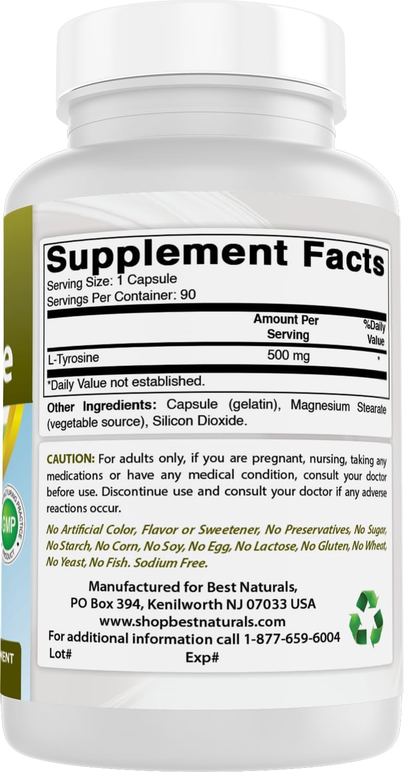 Naturally Sourced L-Tyrosine 500mg Supplement - 180 Capsules (90 Capsules per Bottle, Pack of 2)
