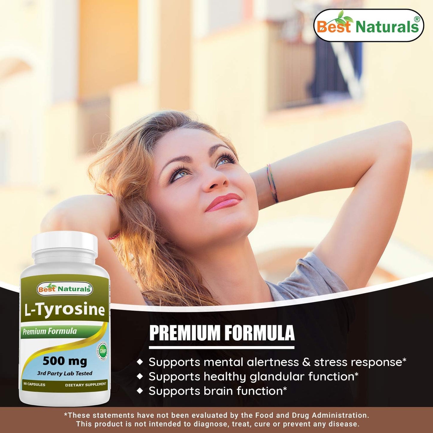 Naturally Sourced L-Tyrosine 500mg Supplement - 180 Capsules (90 Capsules per Bottle, Pack of 2)