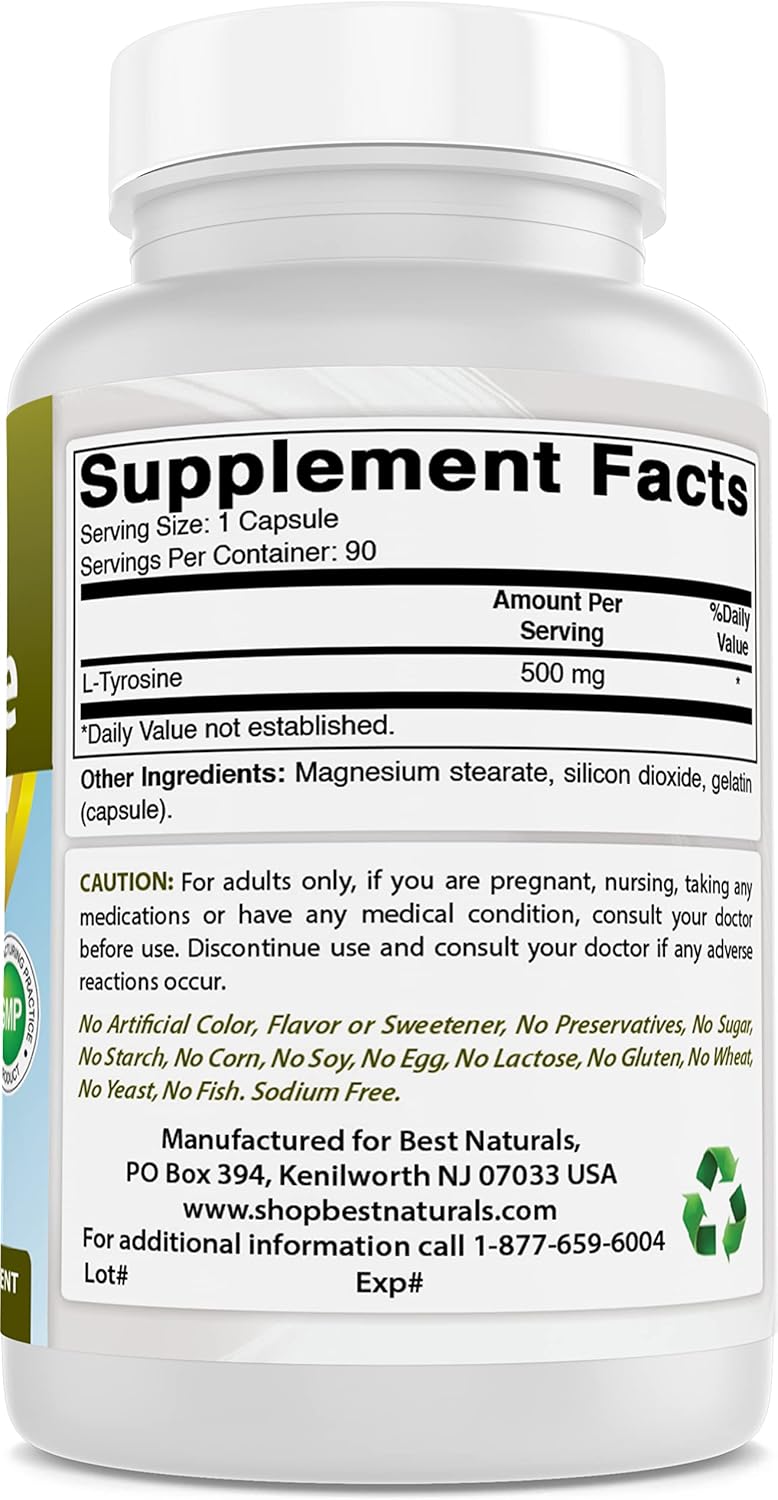 Naturally Sourced L-Tyrosine 500mg Supplement - 180 Capsules (90 Capsules per Bottle, Pack of 2)