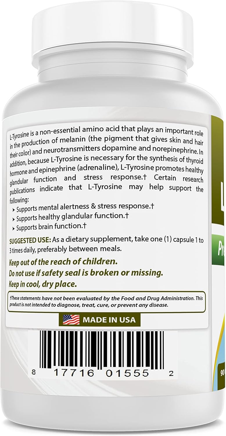 Naturally Sourced L-Tyrosine 500mg Supplement - 180 Capsules (90 Capsules per Bottle, Pack of 2)