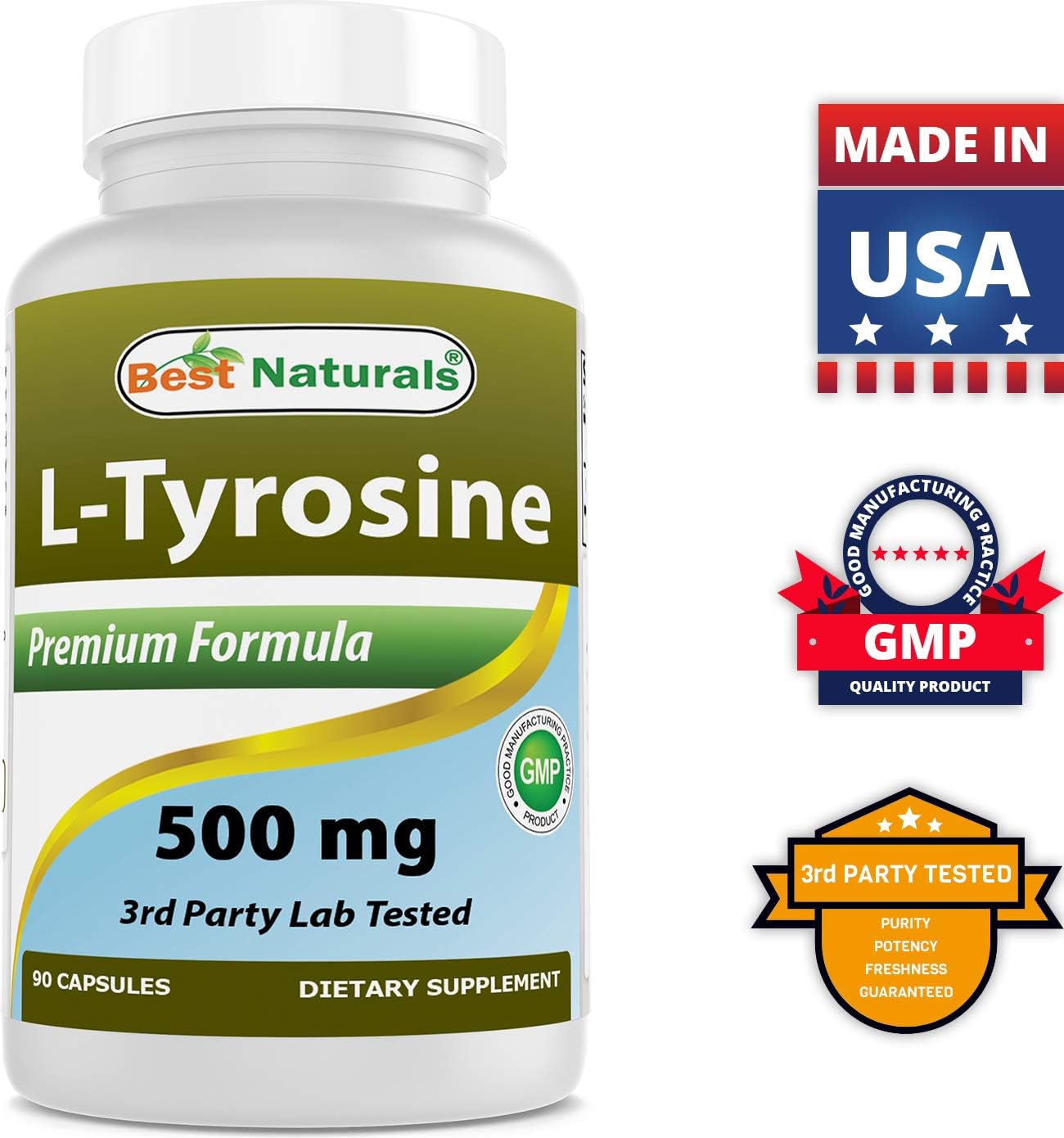 Naturally Sourced L-Tyrosine 500mg Supplement - 180 Capsules (90 Capsules per Bottle, Pack of 2)