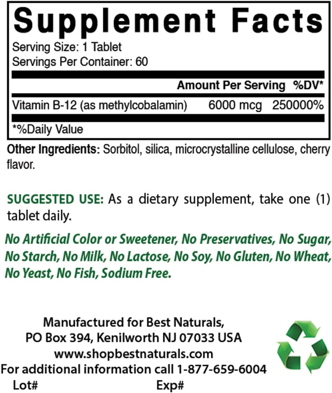 Naturally Sourced Vitamin B12 Methylcobalamin 6000mcg Sublingual Tablets - Pack of 180 Tablets