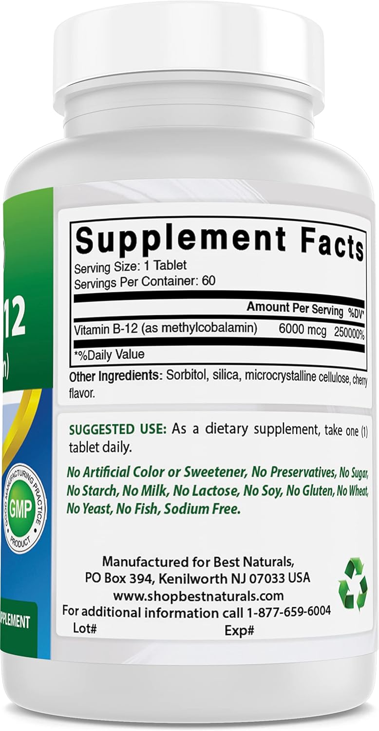 Naturally Sourced Vitamin B12 Methylcobalamin 6000mcg Sublingual Tablets - Pack of 180 Tablets