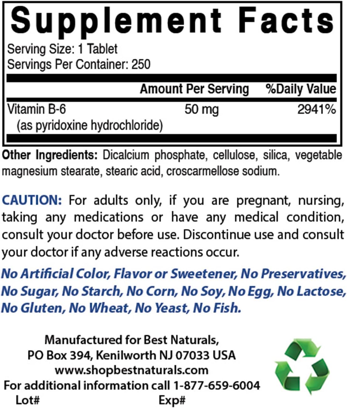 Naturally Sourced Vitamin B6 Tablets - 250mg (500 Count) for Optimal Health and Wellness