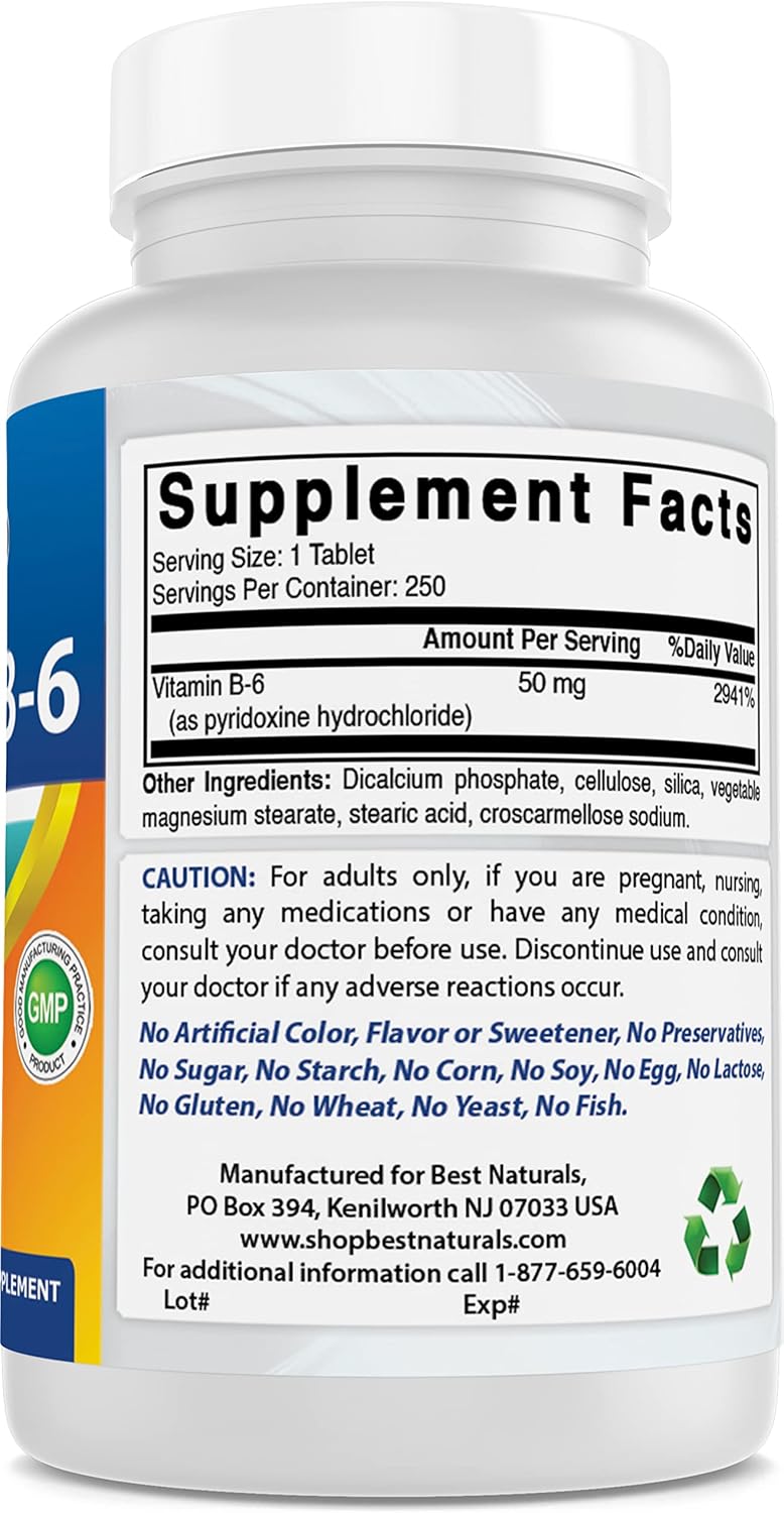 Naturally Sourced Vitamin B6 Tablets - 250mg (500 Count) for Optimal Health and Wellness