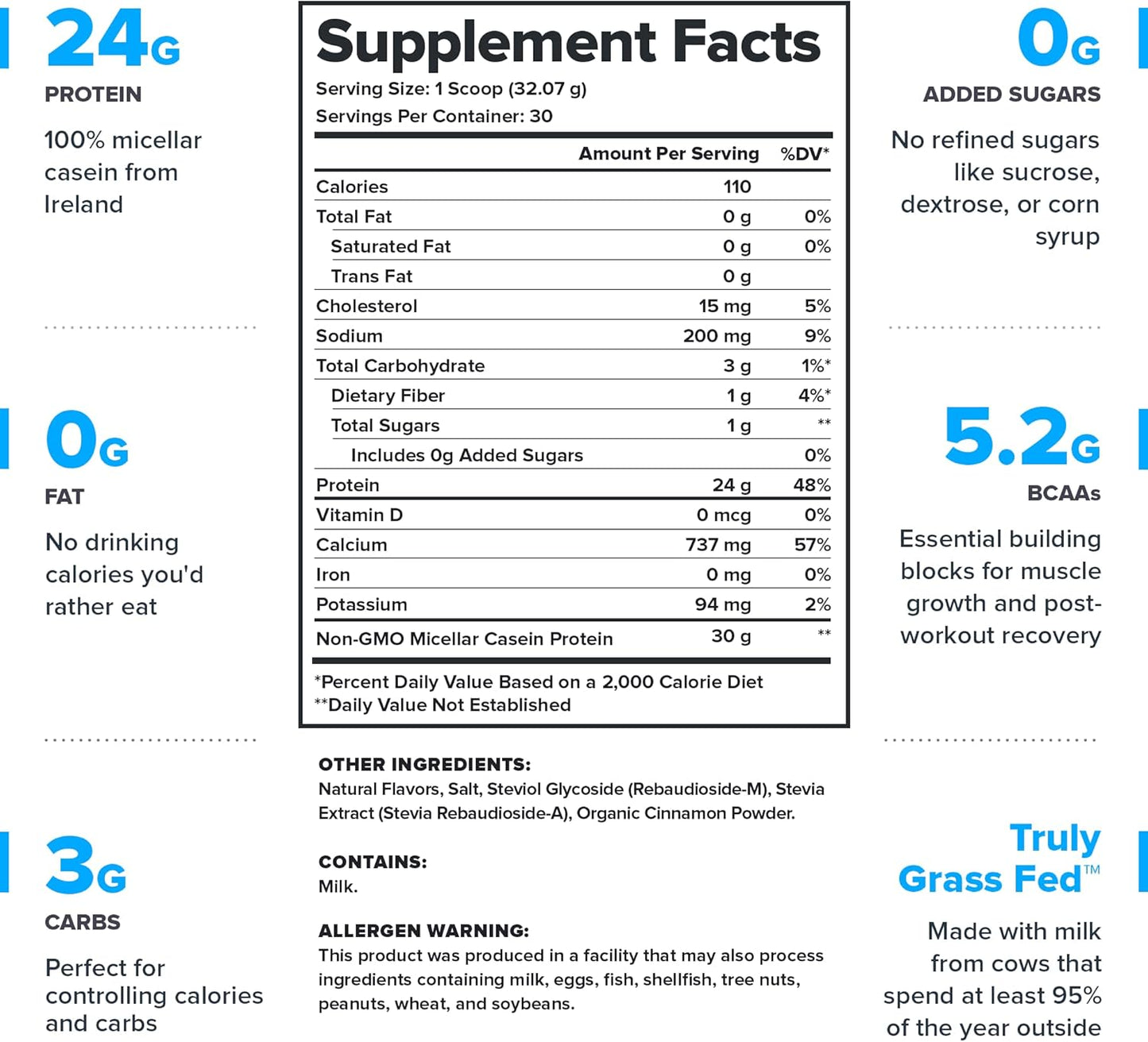 Naturally Sweetened Cinnamon Cereal Casein Protein Powder - Slow-Release Micellar Casein Powder from Grass-Fed Cows - Non-GMO & Gluten-Free