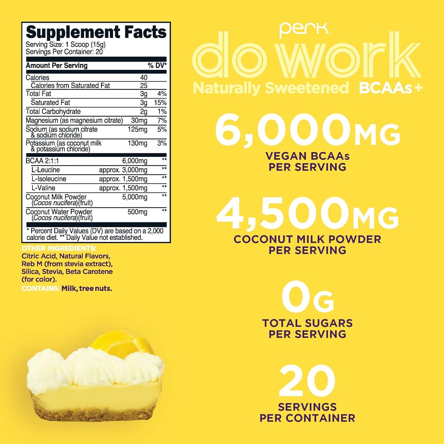 Naturally Sweetened Lemon Tart BCAAs + Electrolytes Powder with Coconut Water & Milk - 20 Servings