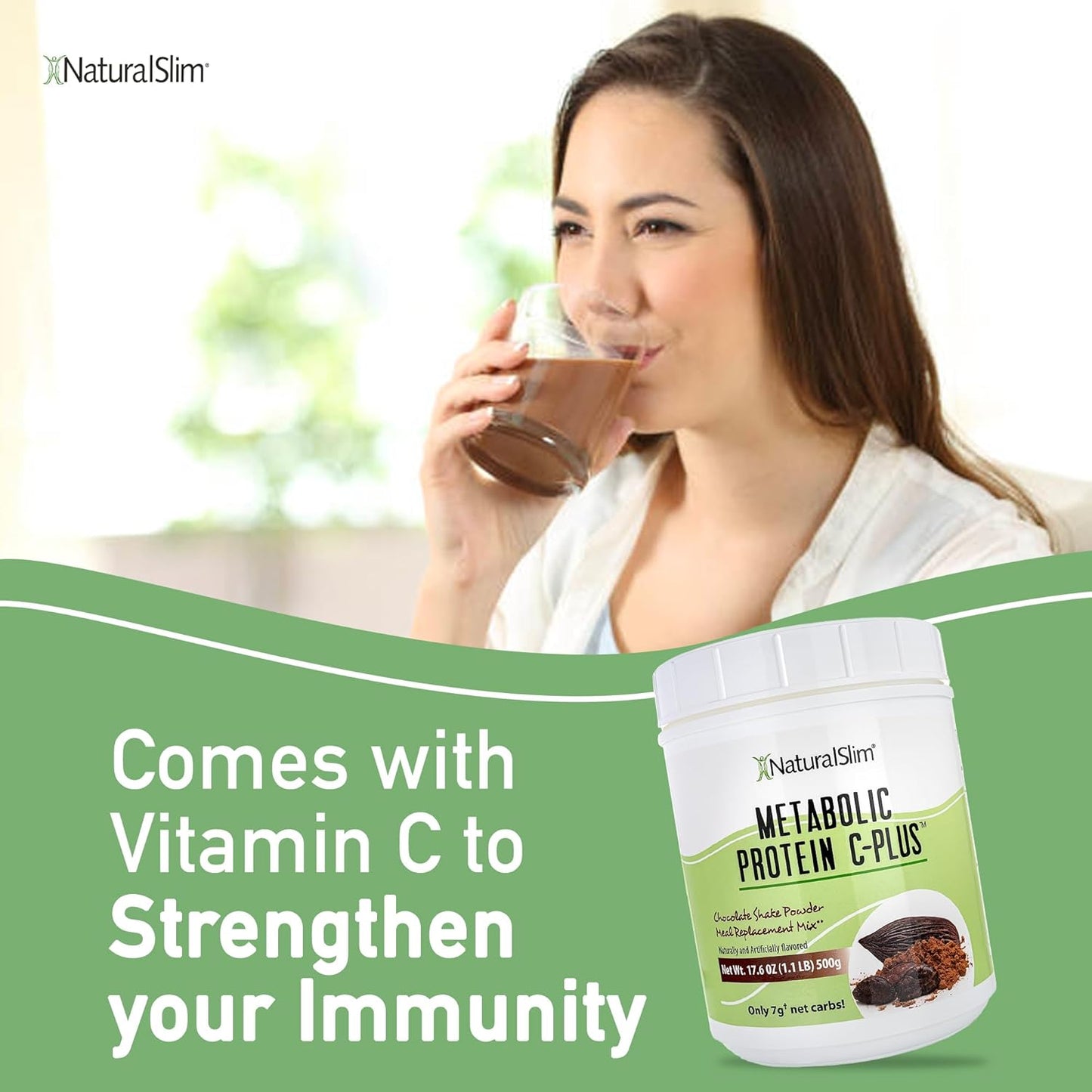NaturalSlim Chocolate Metabolic C-Plus Protein Powder - Low Carb Shake with Immune Support - 10 Servings 17.6 oz