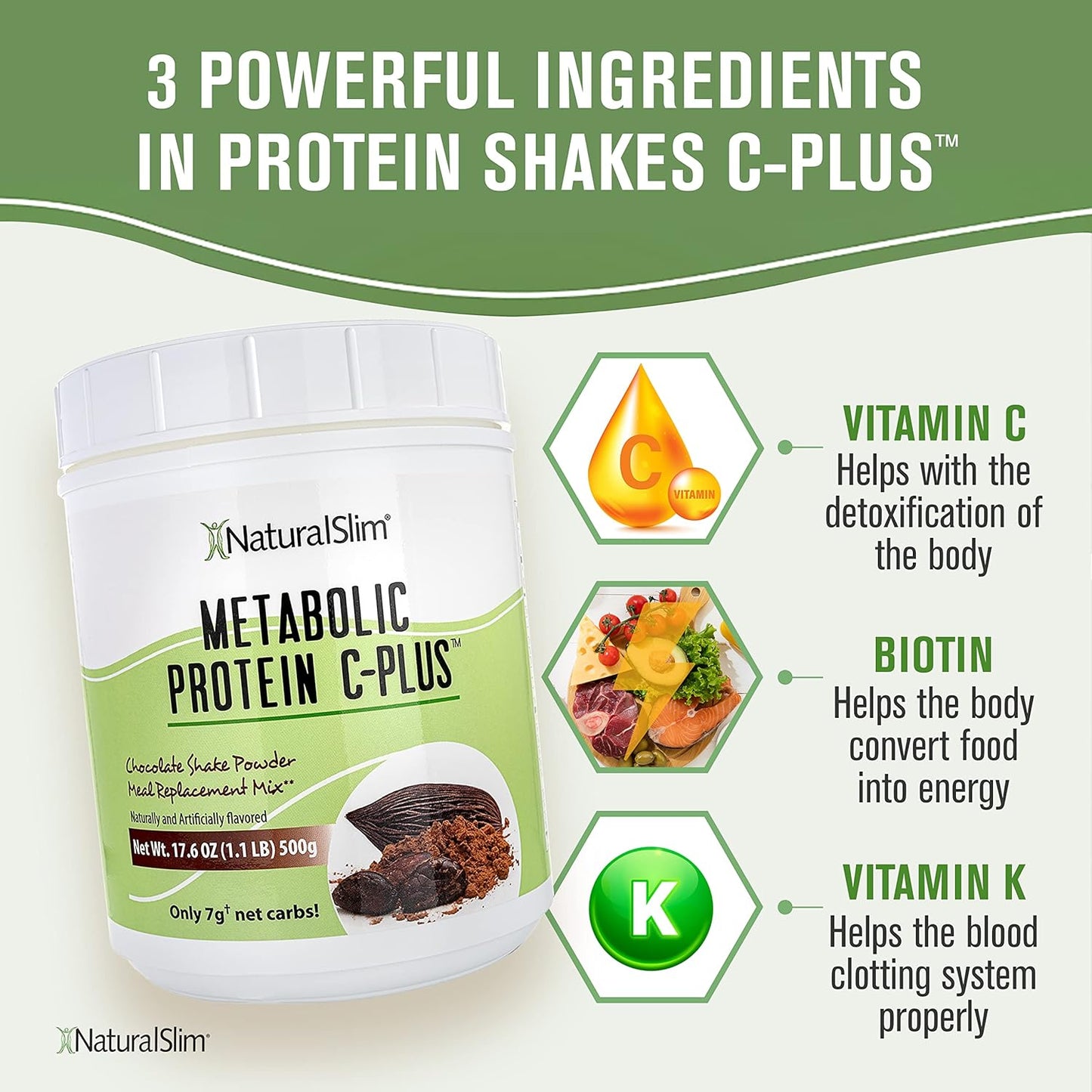 NaturalSlim Chocolate Metabolic C-Plus Protein Powder - Low Carb Shake with Immune Support - 10 Servings 17.6 oz