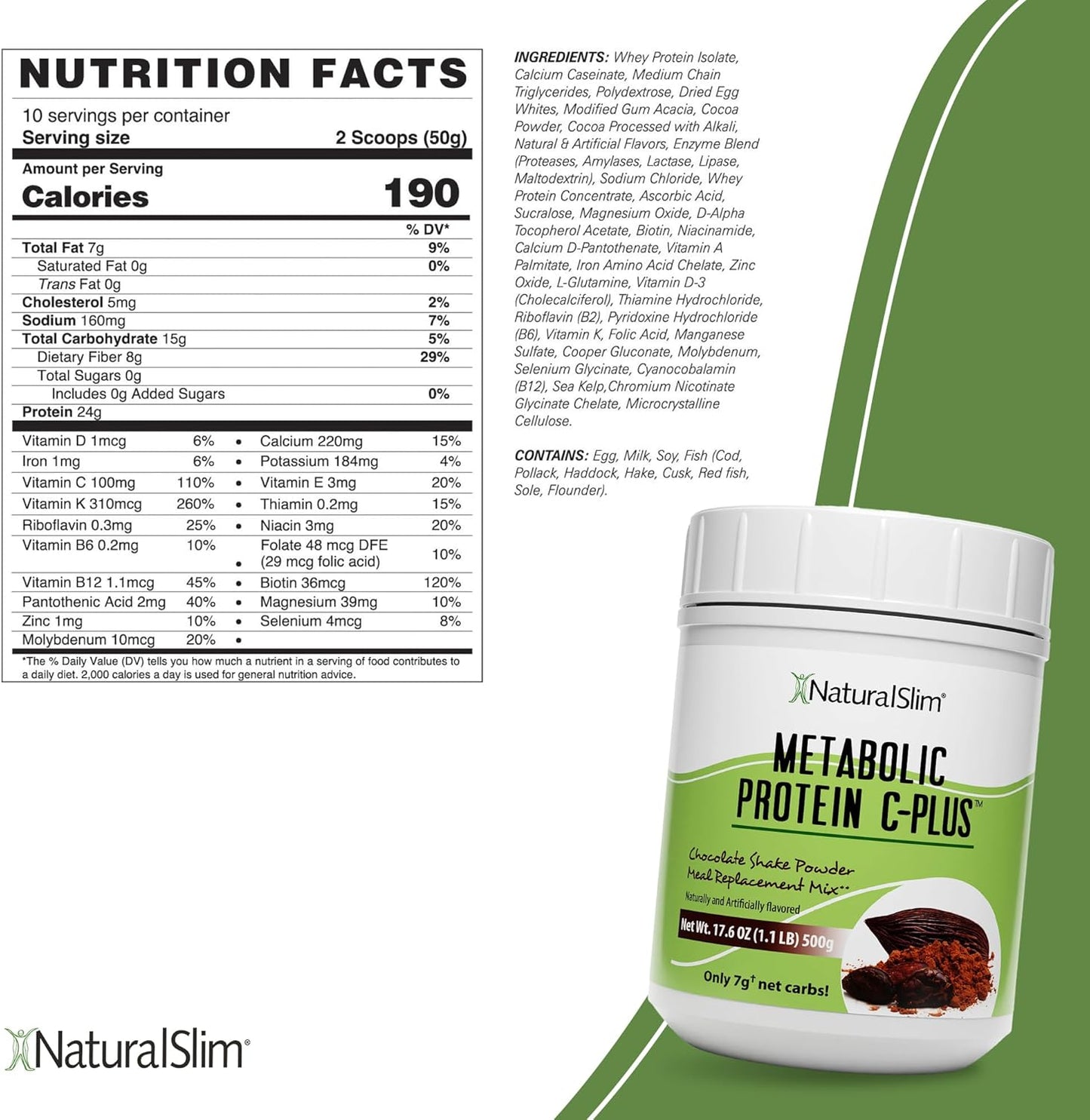 NaturalSlim Chocolate Metabolic C-Plus Protein Powder - Low Carb Shake with Immune Support - 10 Servings 17.6 oz