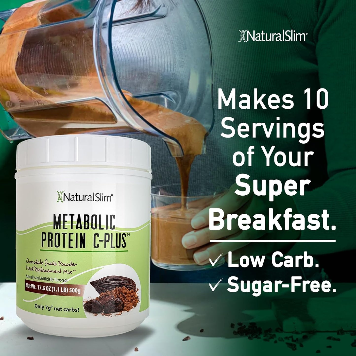 NaturalSlim Chocolate Metabolic C-Plus Protein Powder - Low Carb Shake with Immune Support - 10 Servings 17.6 oz