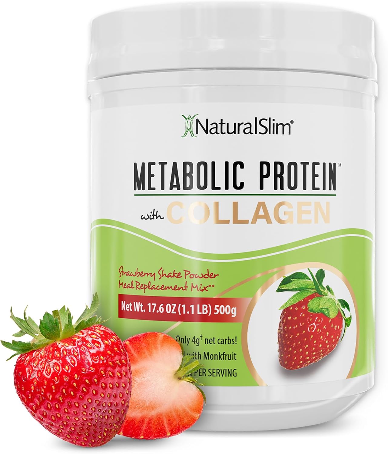 NaturalSlim Strawberry Collagen Protein Powder - Hydrolyzed for Hair, Skin, Bone, Joint & Metabolism - Low Carb Shake Mix - 17.6 oz