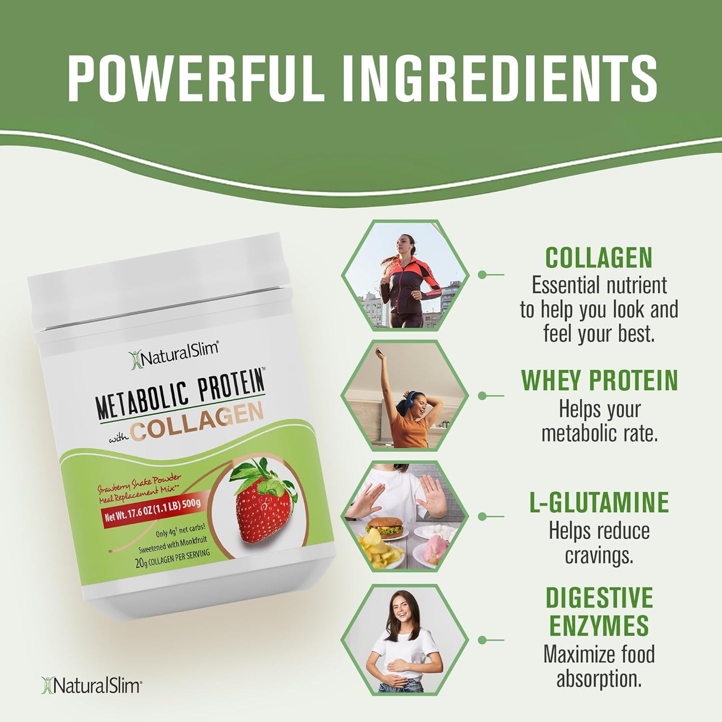 NaturalSlim Strawberry Collagen Protein Powder - Hydrolyzed for Hair, Skin, Bone, Joint & Metabolism - Low Carb Shake Mix - 17.6 oz
