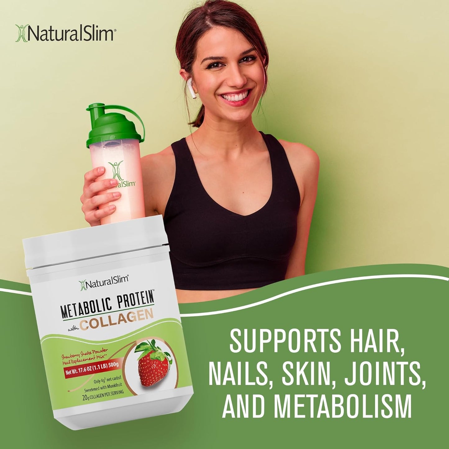 NaturalSlim Strawberry Collagen Protein Powder - Hydrolyzed for Hair, Skin, Bone, Joint & Metabolism - Low Carb Shake Mix - 17.6 oz