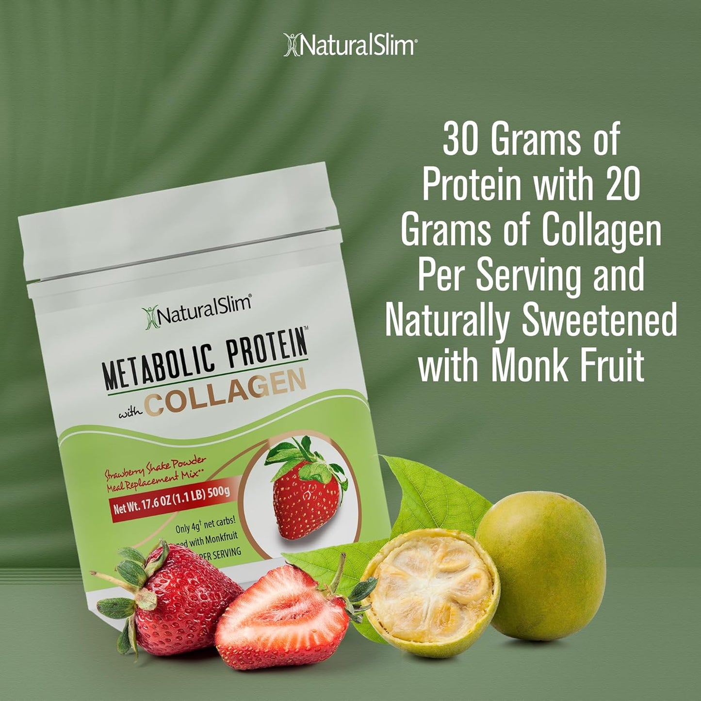 NaturalSlim Strawberry Collagen Protein Powder - Hydrolyzed for Hair, Skin, Bone, Joint & Metabolism - Low Carb Shake Mix - 17.6 oz
