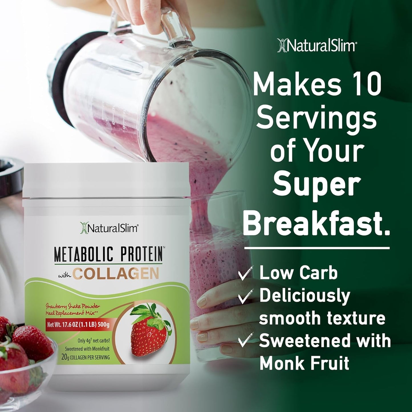 NaturalSlim Strawberry Collagen Protein Powder - Hydrolyzed for Hair, Skin, Bone, Joint & Metabolism - Low Carb Shake Mix - 17.6 oz