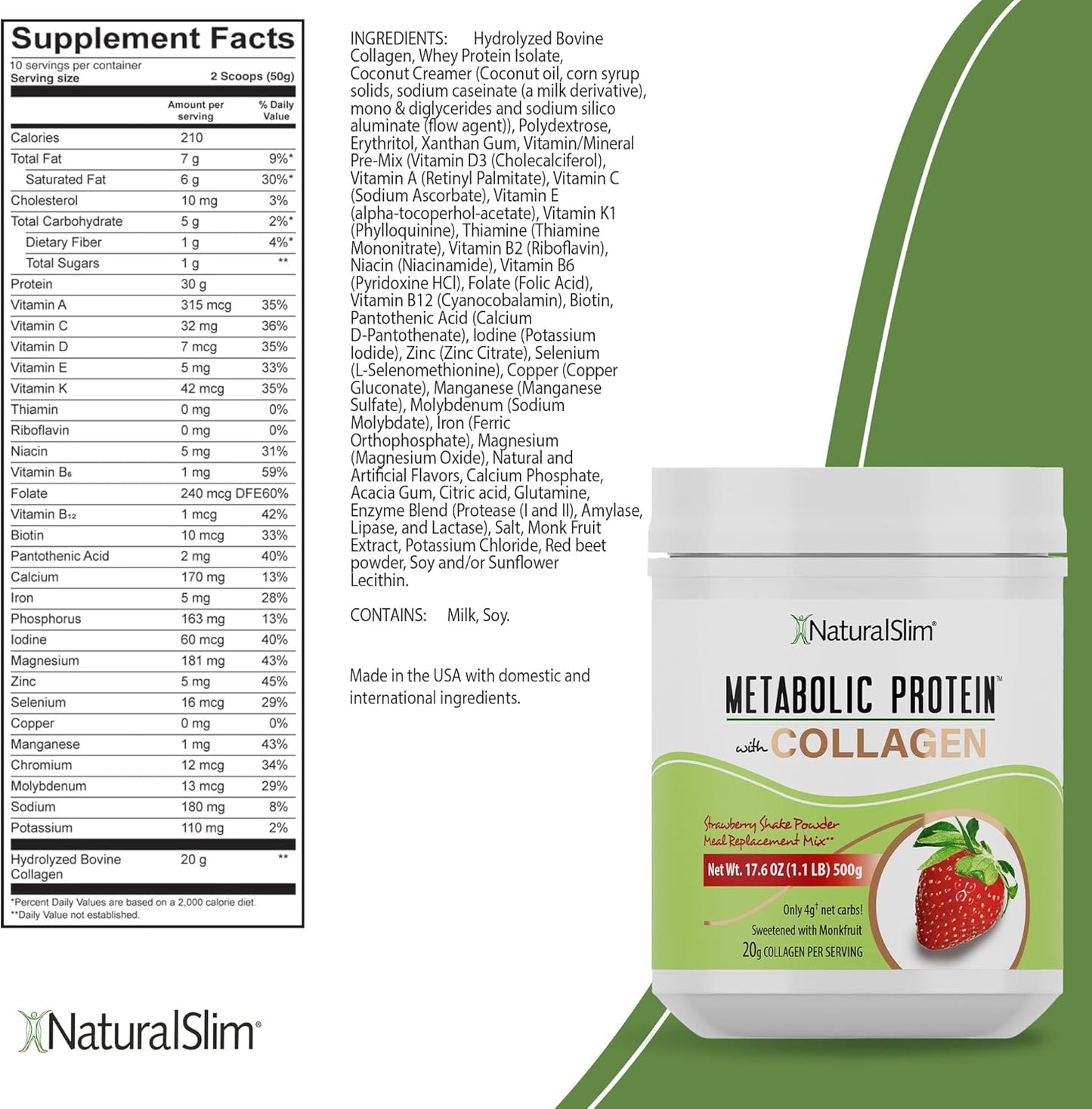 NaturalSlim Strawberry Collagen Protein Powder - Hydrolyzed for Hair, Skin, Bone, Joint & Metabolism - Low Carb Shake Mix - 17.6 oz