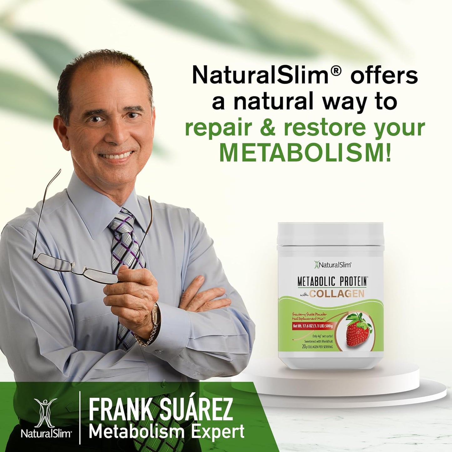 NaturalSlim Strawberry Collagen Protein Powder - Hydrolyzed for Hair, Skin, Bone, Joint & Metabolism - Low Carb Shake Mix - 17.6 oz