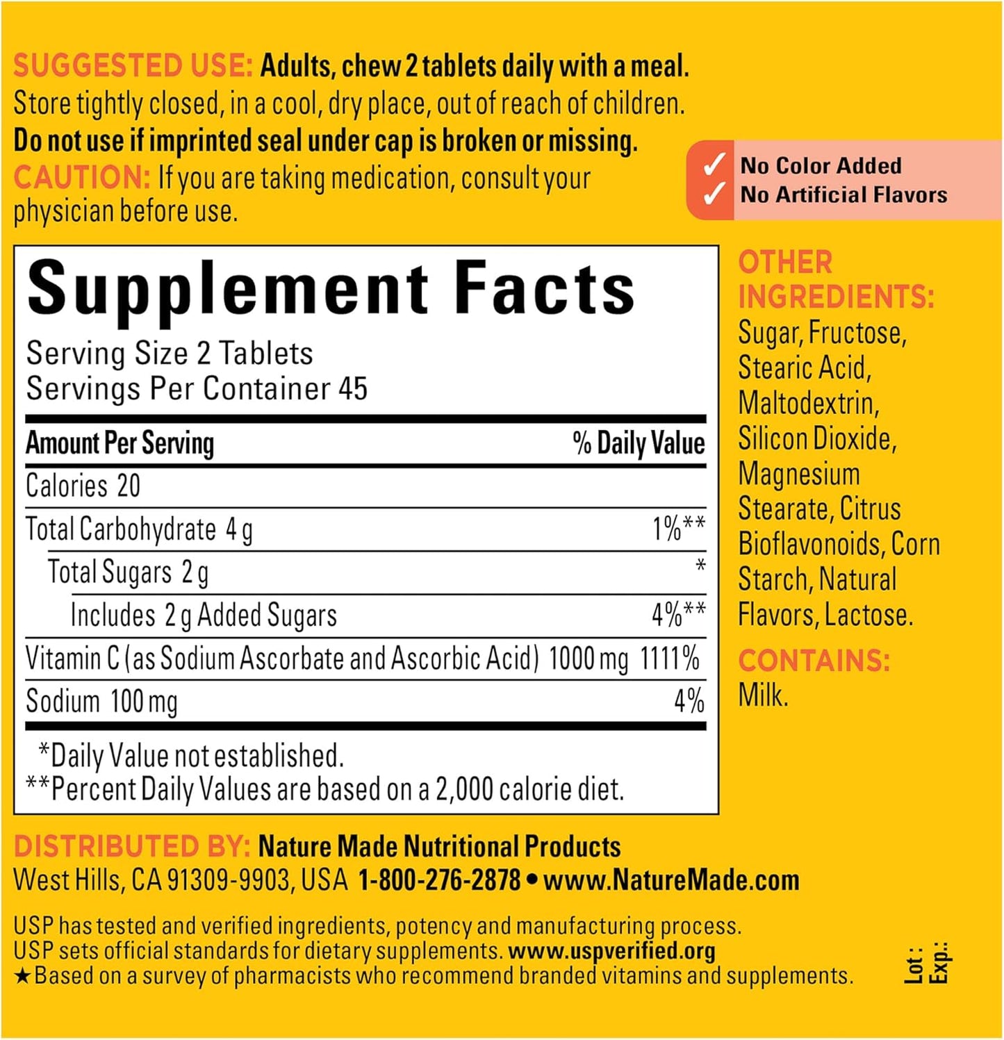 Nature Made Extra Strength Chewable Vitamin C 1000 mg Tablets for Immune Support - 90 Tablets x 2 Pack, 45 Day Supply