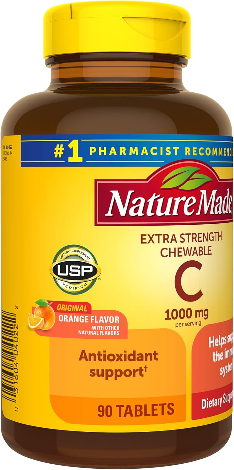Nature Made Extra Strength Chewable Vitamin C 1000 mg Tablets for Immune Support - 90 Tablets x 2 Pack, 45 Day Supply