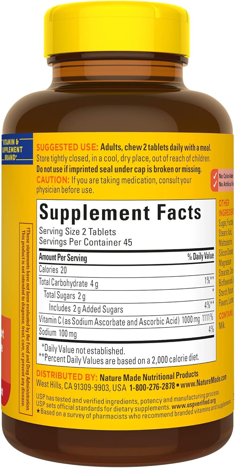 Nature Made Extra Strength Chewable Vitamin C 1000 mg Tablets for Immune Support - 90 Tablets x 2 Pack, 45 Day Supply
