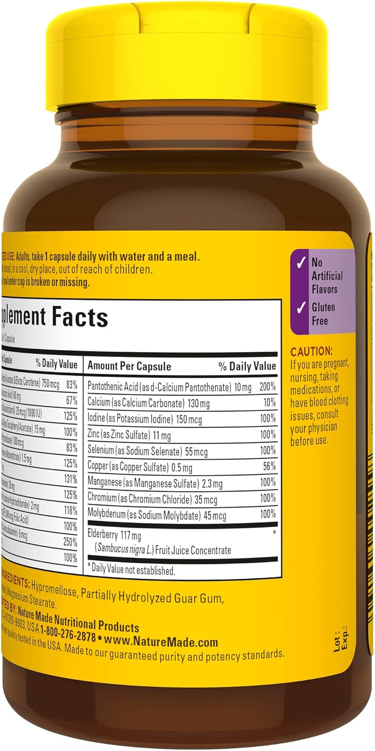 Nature Made Multi + Elderberry Capsules - Daily Immune Support Multivitamin - 60 Count Bottle