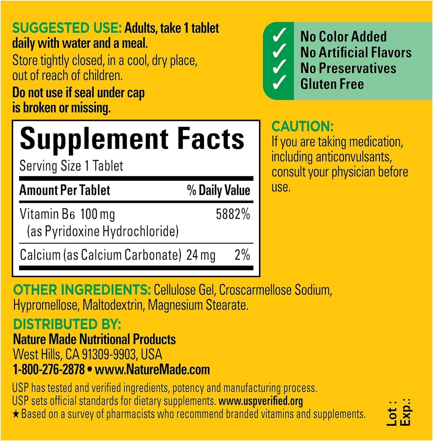 Nature Made Vitamin B6 100mg Tablets - 100 Count