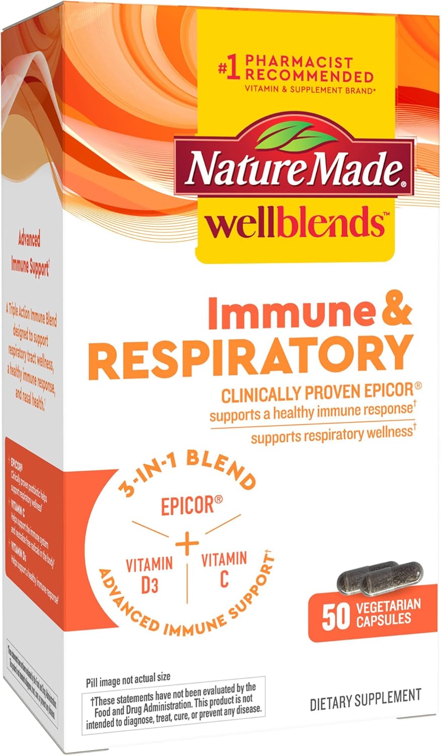 Nature Made Wellblends Immune & Respiratory Supplement with EpiCor Postbiotic, Vitamin C, Vitamin D3 - 50 Vegetarian Capsules