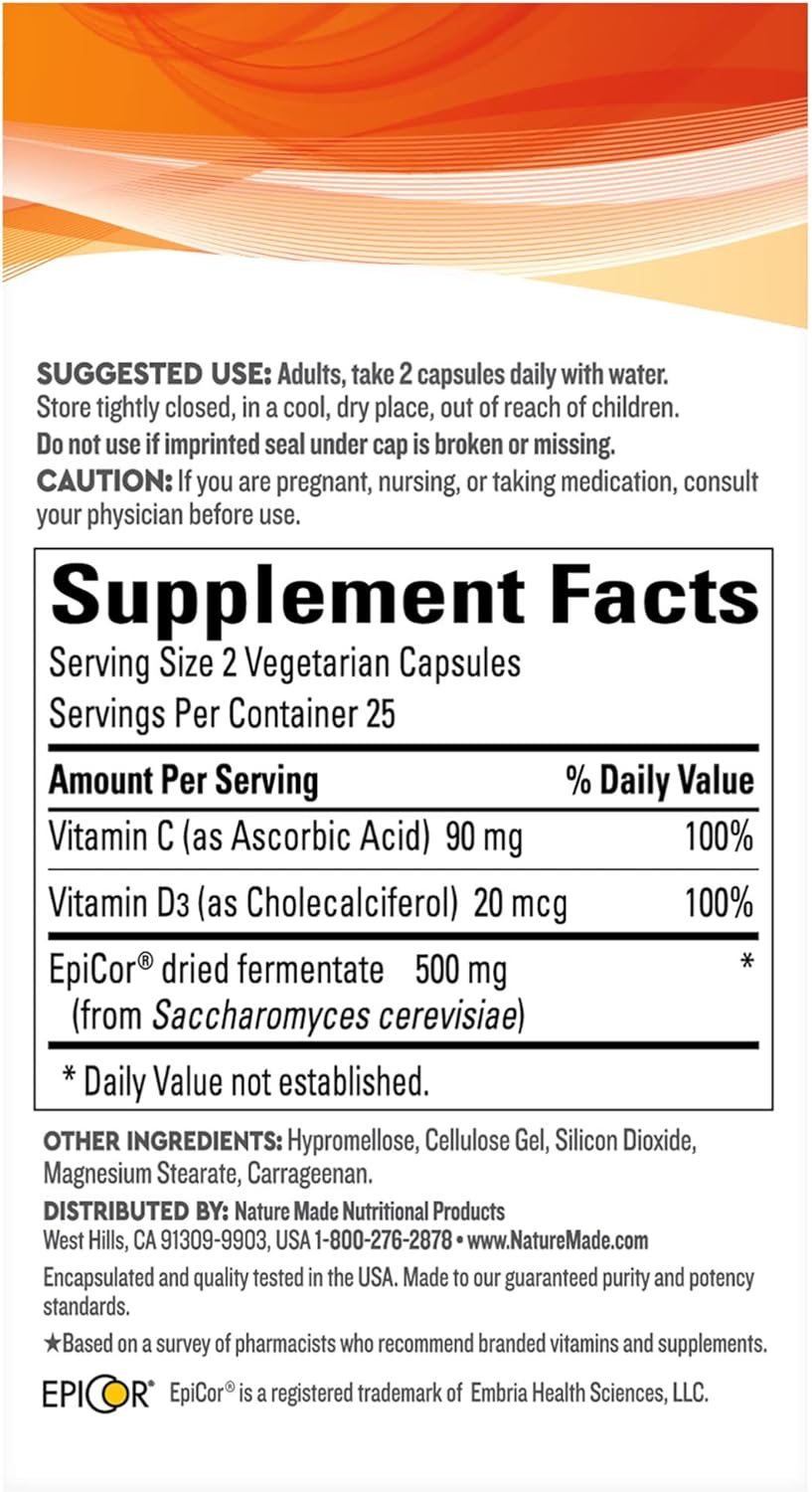 Nature Made Wellblends Immune & Respiratory Supplement with EpiCor Postbiotic, Vitamin C, Vitamin D3 - 50 Vegetarian Capsules