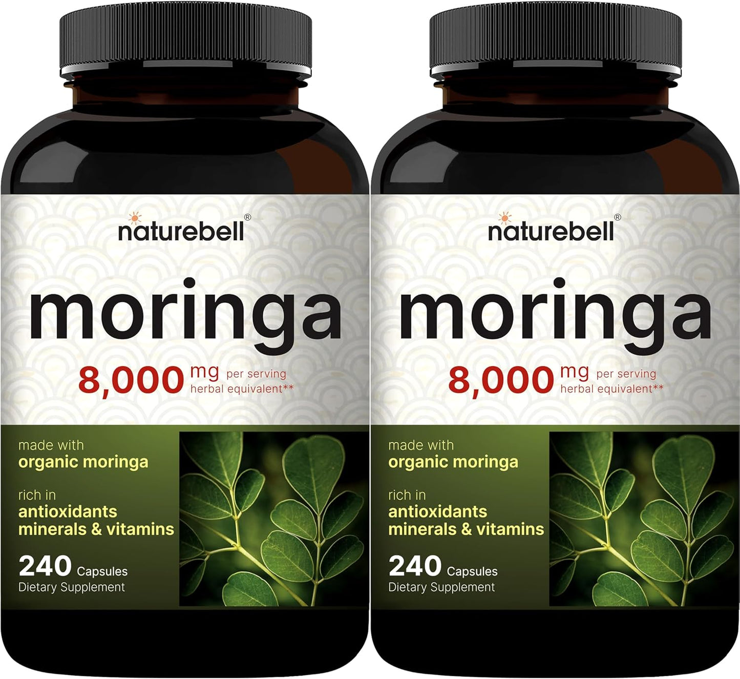NatureBell Moringa Capsules 8000mg - 2 Pack, 480 Total Capsules - Green Superfood for Skin Health & Immune Support - Non-GMO, Gluten Free - BoostGo Australia