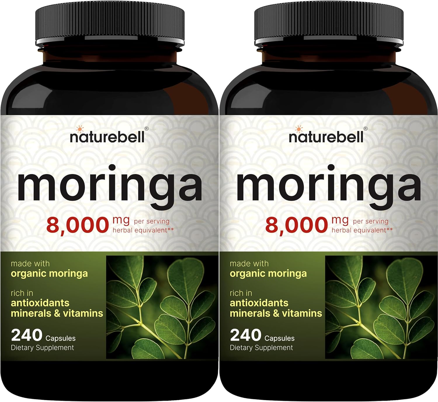 NatureBell Moringa Capsules 8000mg - 2 Pack, 480 Total Capsules - Green Superfood for Skin Health & Immune Support - Non-GMO, Gluten Free - BoostGo Australia