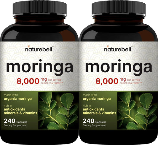 NatureBell Moringa Capsules 8000mg - 2 Pack, 480 Total Capsules - Green Superfood for Skin Health & Immune Support - Non-GMO, Gluten Free - BoostGo Australia