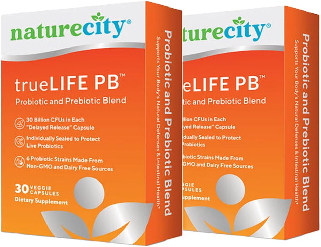 NatureCity True-Life-PB Prebiotic & Probiotic Blend for Digestive Health - Shelf Stable, Dairy Free - 60 Veggie Capsules for Men & Women