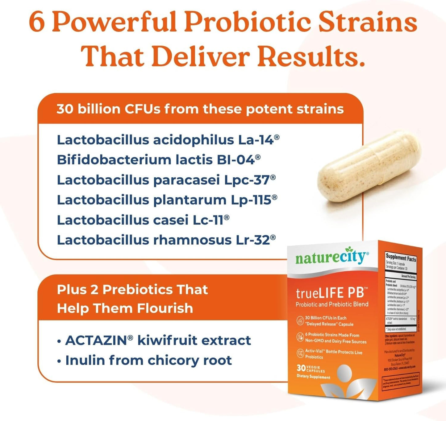 NatureCity True-Life-PB Prebiotic & Probiotic Blend for Digestive Health - Shelf Stable, Dairy Free - 60 Veggie Capsules for Men & Women