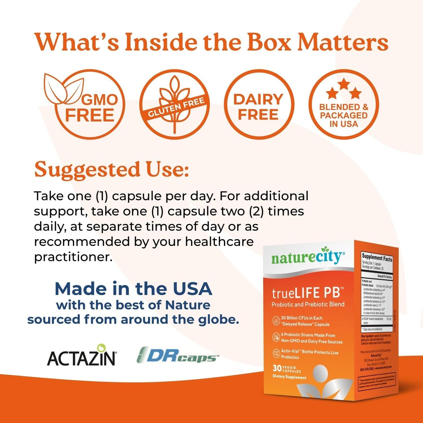 NatureCity True-Life-PB Prebiotic & Probiotic Blend for Digestive Health - Shelf Stable, Dairy Free - 60 Veggie Capsules for Men & Women