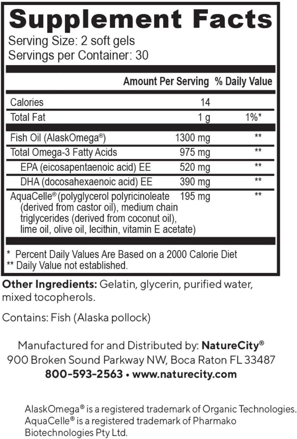 NatureCity True-Omega-3 975mg Fish Oil Softgels with AquaCelle for Heart, Brain & Joint Support - 60 Count