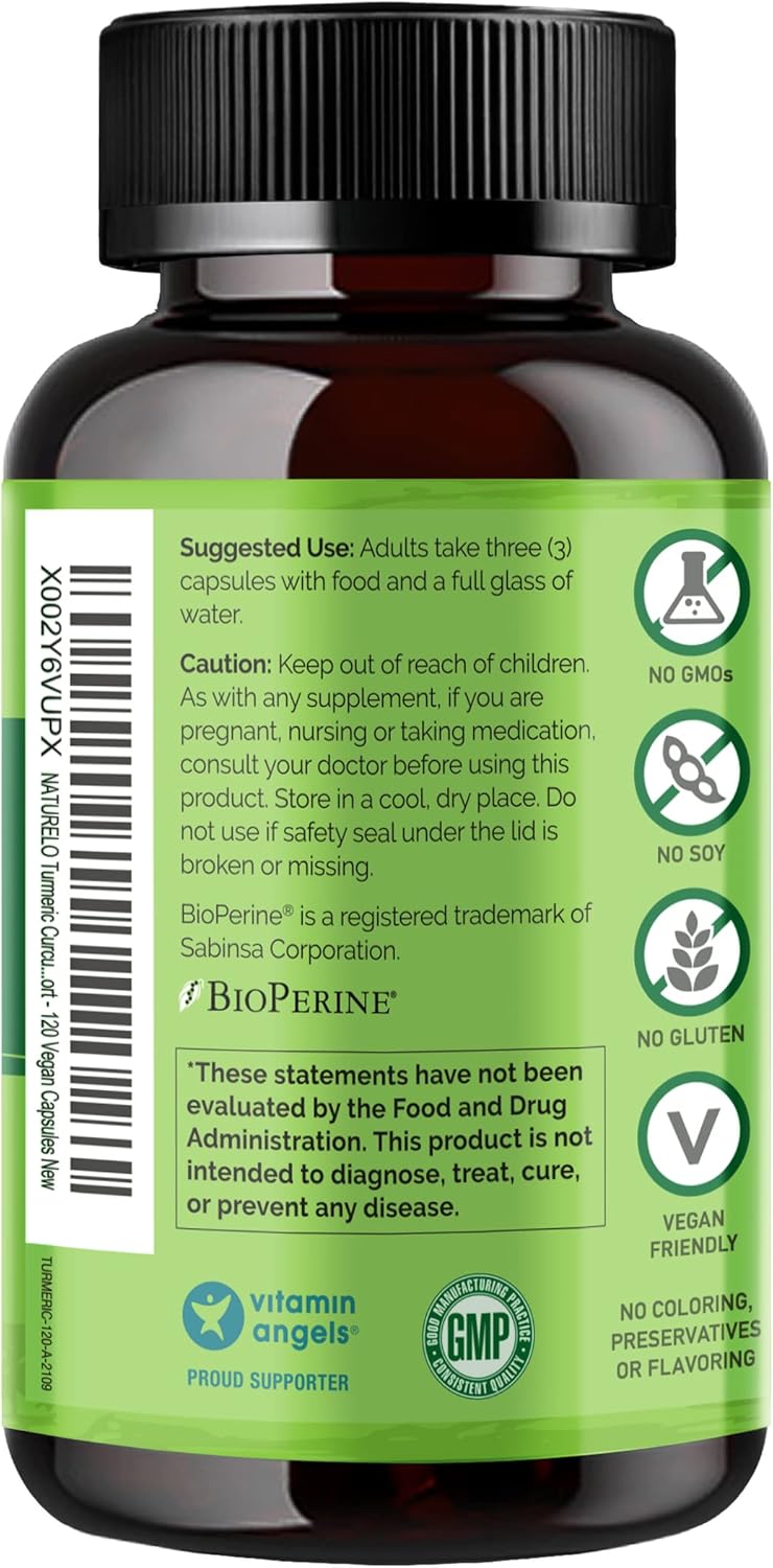 NATURELO Turmeric Curcumin with Magnesium Glycinate - Joint Support Supplement - Non GMO, Gluten Free - 120 Capsules