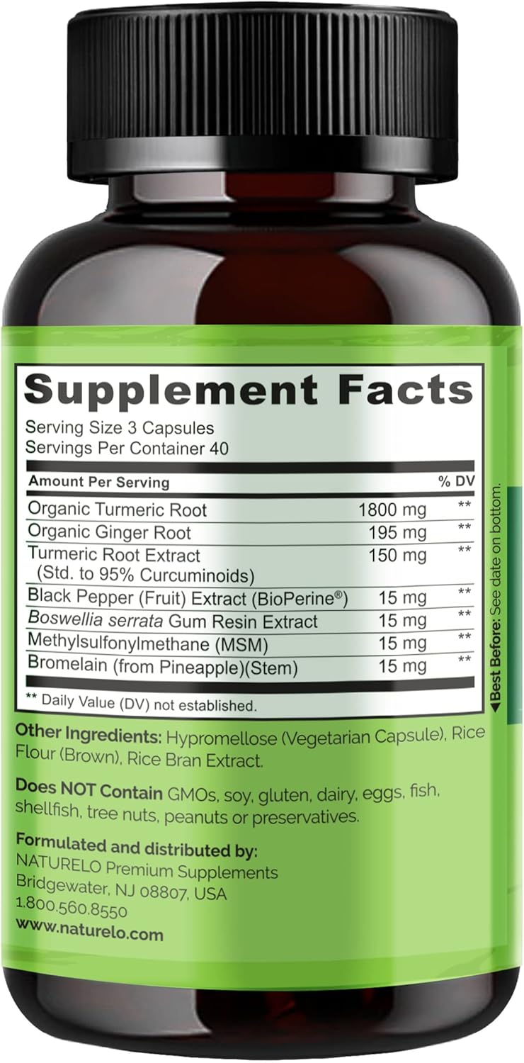 NATURELO Turmeric Curcumin with Magnesium Glycinate - Joint Support Supplement - Non GMO, Gluten Free - 120 Capsules