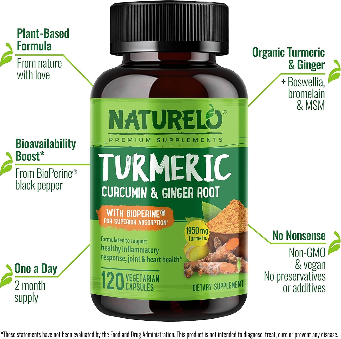 NATURELO Turmeric Curcumin with Magnesium Glycinate - Joint Support Supplement - Non GMO, Gluten Free - 120 Capsules