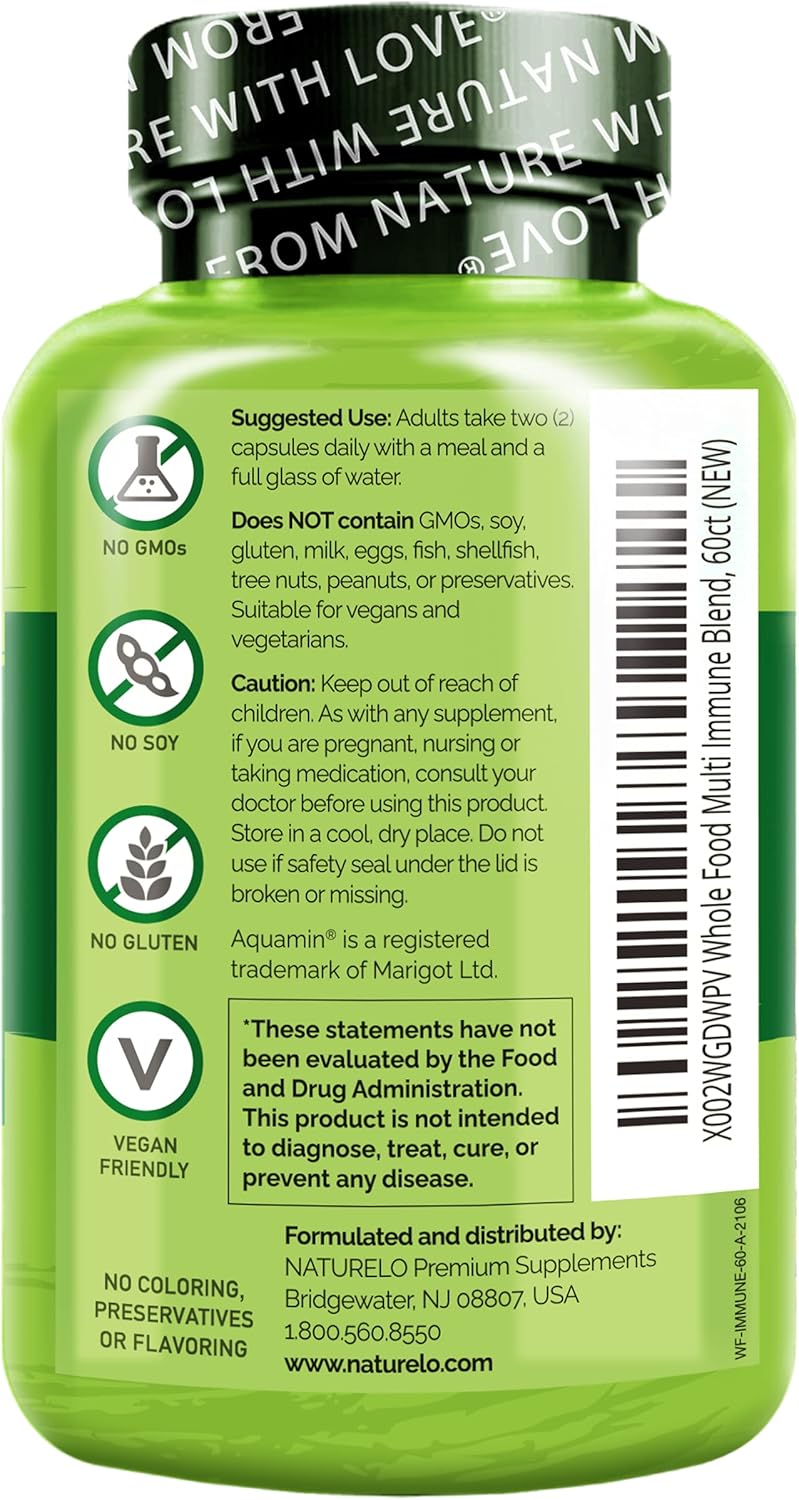NATURELO Whole Food Multivitamin with Elderberry, Mushrooms, and Immune Support - 60 Vegan Capsules