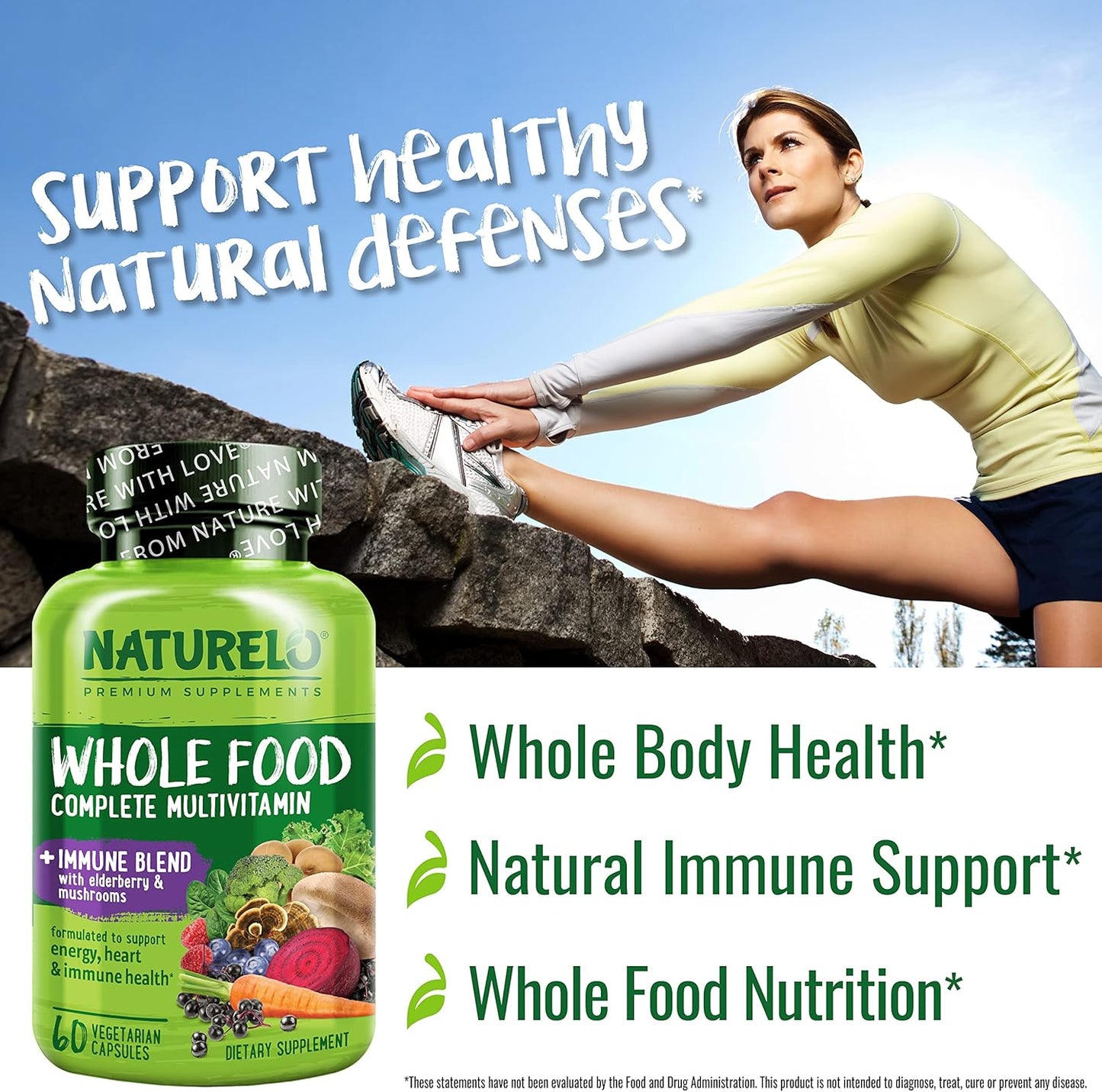 NATURELO Whole Food Multivitamin with Elderberry, Mushrooms, and Immune Support - 60 Vegan Capsules