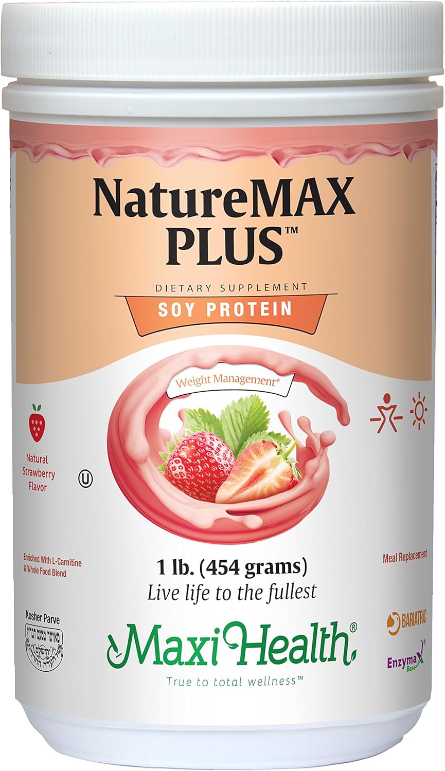 NatureMAX PlusTM Energy Support Drink Soy Protein Powder - Sugar Free Diet Supplement - 20g Protein Per Serving - Natural Strawberry Flavor - Kosher Vitamin - 1lb
