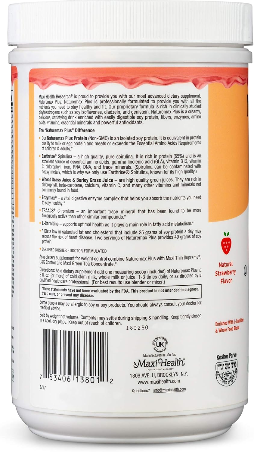 NatureMAX PlusTM Energy Support Drink Soy Protein Powder - Sugar Free Diet Supplement - 20g Protein Per Serving - Natural Strawberry Flavor - Kosher Vitamin - 1lb